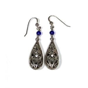 925 Sterling Silver Earrings Drops Dangles Bali Blue Lapis Beads 5.70g